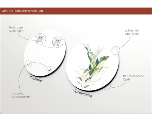 Glasbild mit Aufhängung, Abstandshalter, glänzender Oberfläche und freischwebender Optik