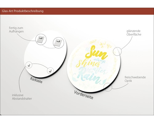 Glasbild mit dem Spruch: Nach Regen scheint immer die Sonne, inklusive Abstandshalter und Aufhängern