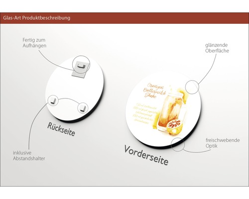 Glasbild mit glänzender Oberfläche, inklusive Abstandshalter und Aufhängevorrichtung