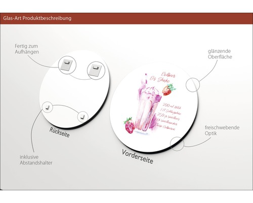 Glasbild mit Erdbeer Eis Shake Motiv, inklusive Wandhalterung