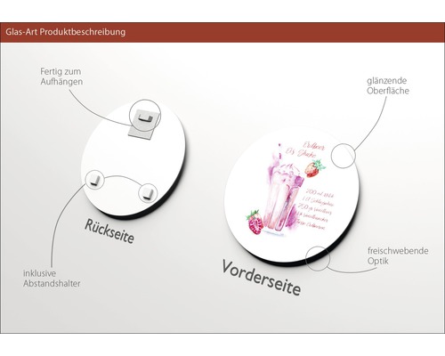 Produktbeschreibung Glasbild: Rückseite mit Halterung zum Aufhängen und Vorderseite mit Erdbeer-Eis-Shake-Motiv, glänzender Oberfläche und schwebender Optik