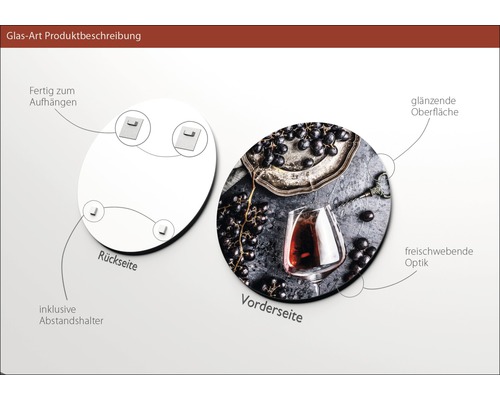 Glasbild mit Weinmotiv, inklusive Wandhalterung