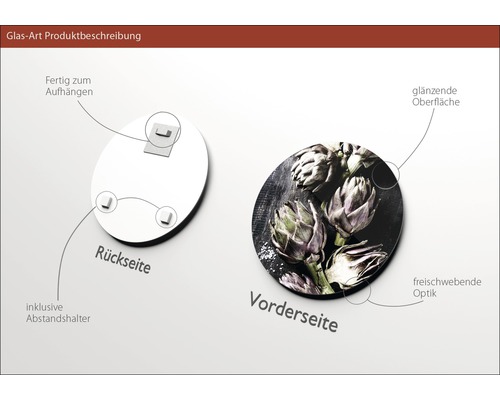 Produktbeschreibung Glasbild: Rückseite mit Aufhängevorrichtung und Abstandshalter, Vorderseite mit glänzender Oberfläche und schwebender Optik