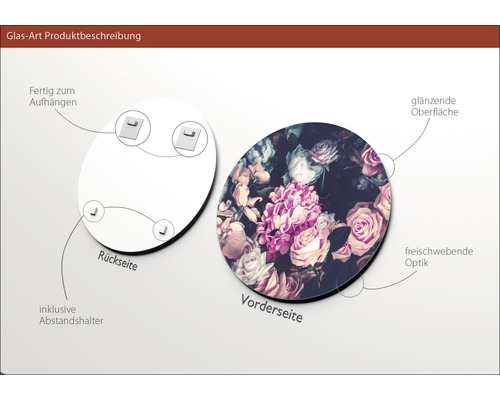Glasbild mit Blumenmuster, inklusive Halterung und Aufhängesystem.