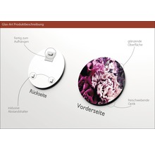 Produktbeschreibung Glasbild: Rückseite mit Aufhängung und Abstandshalter, Vorderseite mit Blumenmotiv und glänzender Oberfläche