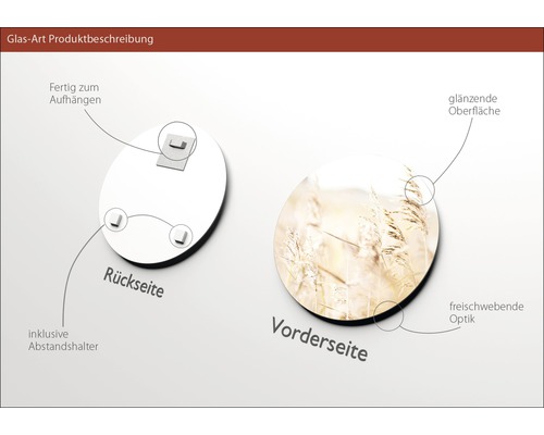 Glasbild Produktbeschreibung: Rückseite mit Halterungen, Vorderseite mit glänzender Oberfläche und schwebender Optik