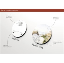 Produktdetails der Glas-Art Wanddekoration: Rückseite mit Aufhängung und Abstandshaltern, Vorderseite mit glänzender Oberfläche und schwebender Optik.