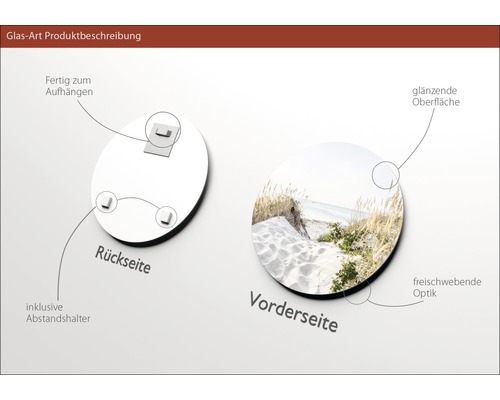 Produktdetails der Glas-Art Wanddekoration: Rückseite mit Aufhängung und Abstandshaltern, Vorderseite mit glänzender Oberfläche und schwebender Optik.