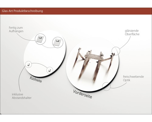 Glasbild mit glänzender Oberfläche, inklusive Abstandshalter, fertig zum Aufhängen, Vorderseite zeigt ein Motiv mit freischwebender Optik, Rückseite mit Aufhängung