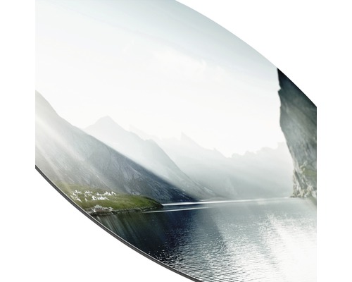 Aluminiumbild mit einem Motiv einer Landschaft mit Bergen und einem See