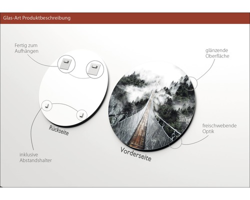 Glasbild mit einer Abbildung einer Brücke im Wald, inklusive Halterung