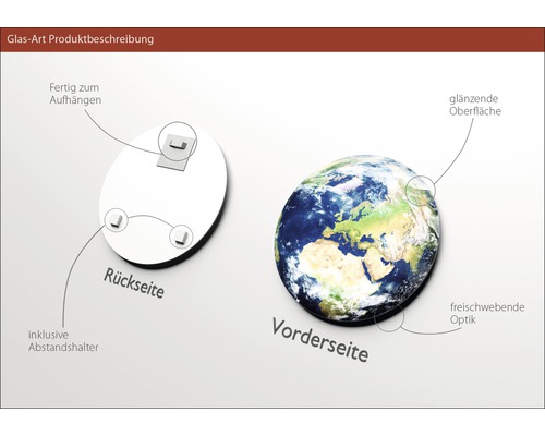 Produktbeschreibung der Glas-Art: Rückseite mit Aufhängevorrichtung und Abstandshalter, Vorderseite mit glänzender Oberfläche und schwebender Optik