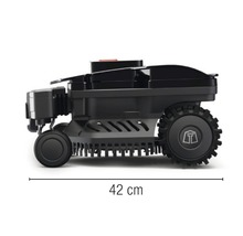 Schwarzer Mähroboter mit einer Länge von 42 cm.