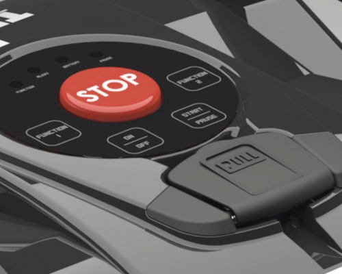 Nahaufnahme der Bedienelemente eines Rasenmähroboters mit Stopptaste, Funktionstasten und Start-Pause-Taste.