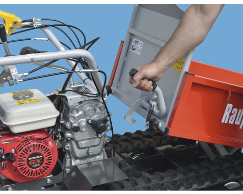 Detailansicht einer Raupen-Minidumper mit Handsteuerung und Honda GX Motor