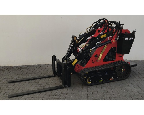 Kompakter roter Mini-Kettenlader mit Palettengabel