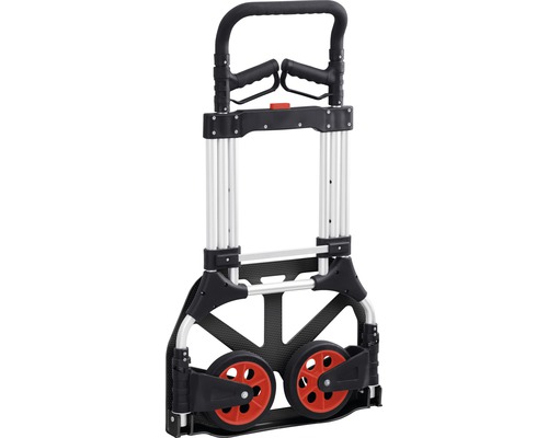 Zusammengeklappter Treppensteiger-Sackkarre mit zwei Rädern pro Seite.