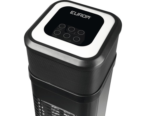 Detailansicht eines Turmventilators mit digitaler Steuerung und EUROM Logo.
