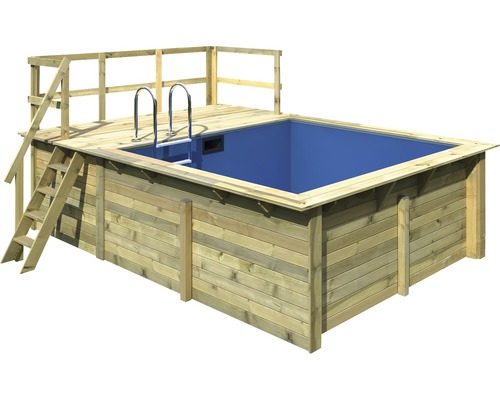 Aufstellpool Holzpool-Set Karibu rechteckig 462x353x124 cm inkl. Bodenschutzvlies, Innenauskleidung mit Keilbiese & Leiter mit Plattform