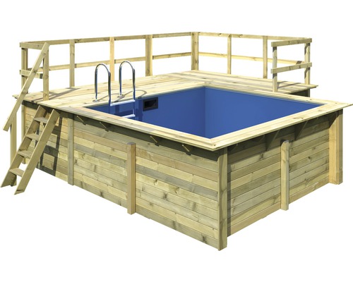 Aufstellpool Holzpool-Set Karibu rechteckig 462x483x124 cm inkl. Bodenschutzvlies, Innenauskleidung mit Keilbiese & Leiter mit erweiterter Plattform