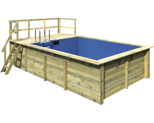 Aufstellpool Holzpool-Set Karibu rechteckig 582x353x124 cm inkl. Bodenschutzvlies, Innenauskleidung mit Keilbiese & Leiter mit Plattform