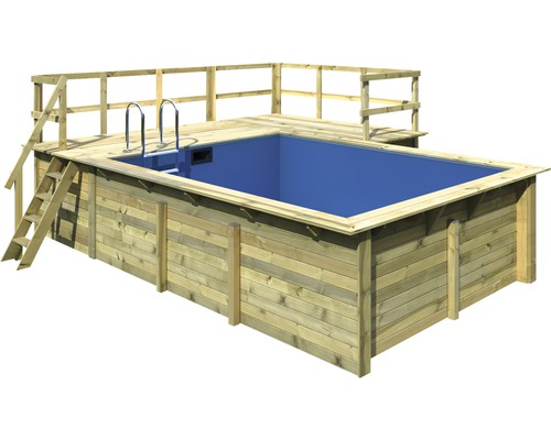 Aufstellpool Holzpool-Set Karibu rechteckig 582x483x124 cm inkl. Bodenschutzvlies, Innenauskleidung mit Keilbiese & Leiter mit erweiterter Plattform
