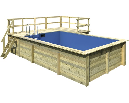 Aufstellpool Holzpool-Set Karibu rechteckig 672x483x124 cm inkl. Bodenschutzvlies, Innenauskleidung mit Keilbiese & Leiter mit erweiterter Plattform