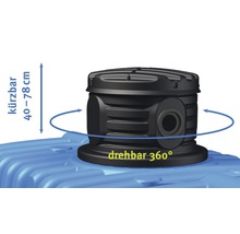 Detailansicht eines flexiblen Regentonnen-Zulaufs mit einer Länge von 40 bis 78 Zentimeter, der um 360 Grad drehbar ist.