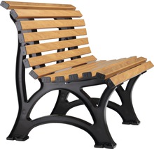 Holzbank mit Rückenlehne und schwarzem Gestell für den Außenbereich