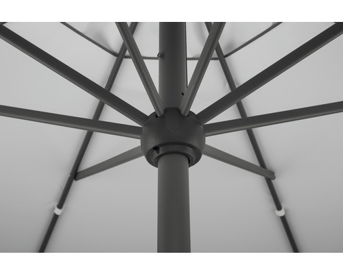 Detailansicht eines geöffneten Sonnenschirms mit Fokus auf die Streben und den Mast