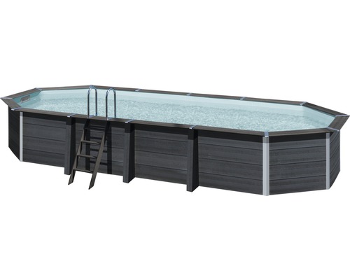 Aufstellpool WPC-Pool-Set Gre oval 804x386x124 cm inkl. Sandfilteranlage, Skimmer, Leiter, Filtersand & Bodenschutzvlies grau