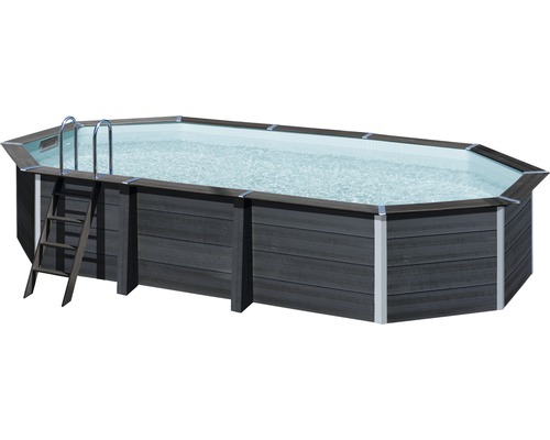 Aufstellpool WPC-Pool-Set Gre oval 664x386x124 cm inkl. Sandfilteranlage, Skimmer, Leiter, Filtersand, Bodenschutzvlies & LED Projektor grau