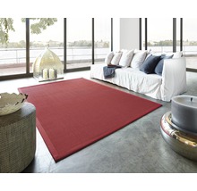 Modernes Wohnzimmer mit rotem Teppich, Sofa und dekorativen Elementen.