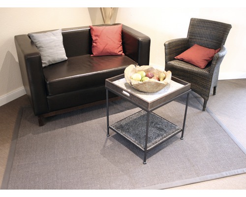 Wohnzimmerbereich mit Sofa, Sessel, Teppich und Beistelltisch