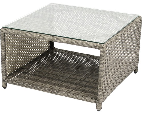 Quadratischer Gartentisch aus Rattan mit Glasplatte und Ablagefach
