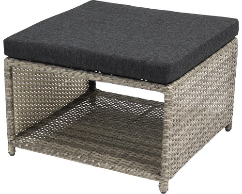 Gartenhocker aus Polyrattan mit dunkelgrauem Kissen und Ablagefläche