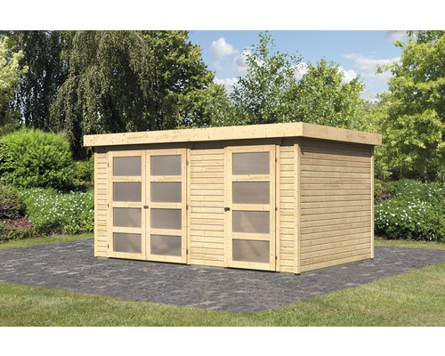 Gartenhaus aus Holz mit Schiebetüren und Fenstern