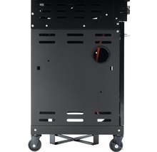 Detailansicht eines schwarzen Gasgrills mit Rädern zur einfachen Mobilität