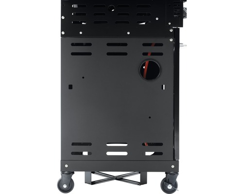 Detailansicht eines schwarzen Gasgrills mit Rädern zur einfachen Mobilität