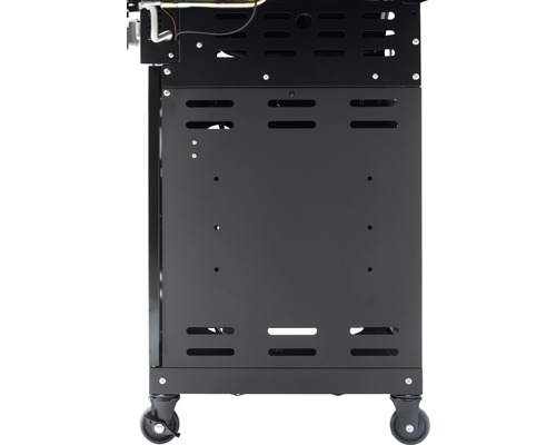 Detailansicht des schwarzen Grillschranks mit Rollen