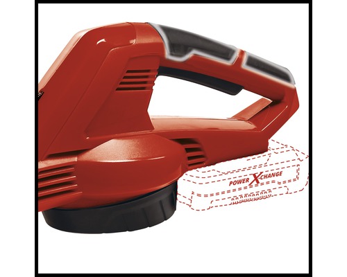 Detailansicht einer roten Fugenkratzer-Maschine mit schwarzem Griff und angedeutetem Akku