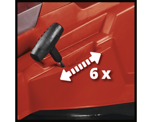 Detailansicht eines Rasenmähers mit sechsfachen Schnitthöheneinstellungen.