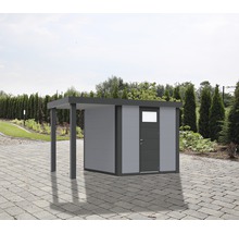 Gartenhaus mit Anbau auf gepflasterter Fläche