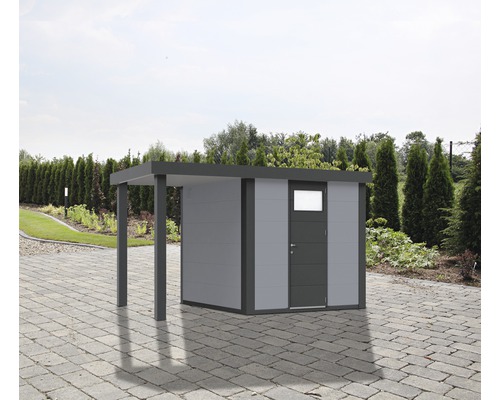 Gartenhaus mit Anbau auf gepflasterter Fläche