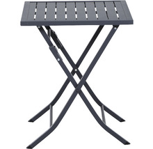 Klappbarer Gartentisch mit quadratischer Tischplatte und Metallgestell.