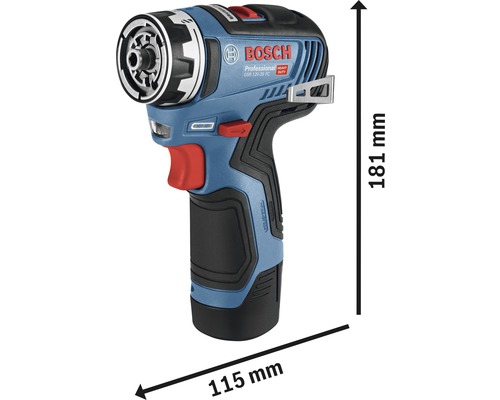 Bosch Professional GSR 12V-35 FC Akku Bohrschrauber mit den Maßen 181 mm Höhe und 115 mm Länge