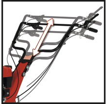 Detailansicht eines Motorhacke-Griffs mit Höhenverstellung durch einen Pfeil hervorgehoben.