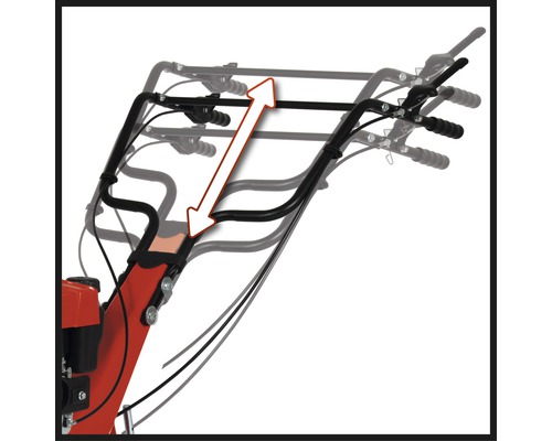 Detailansicht eines Motorhacke-Griffs mit Höhenverstellung durch einen Pfeil hervorgehoben.