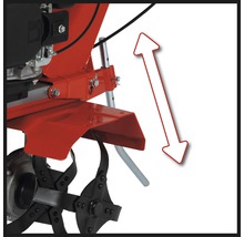 Detailansicht einer Motorhacke mit Pfeil, der die Höhenverstellung darstellt