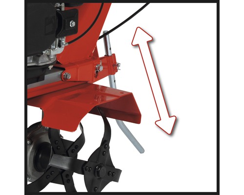 Detailansicht einer Motorhacke mit Pfeil, der die Höhenverstellung darstellt